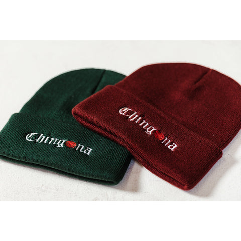 Chingona Embroidered Beanie ~ Maroon and Forest Green