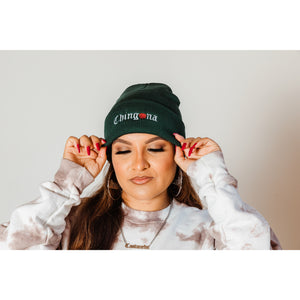 Chingona Embroidered Beanie ~ Maroon and Forest Green